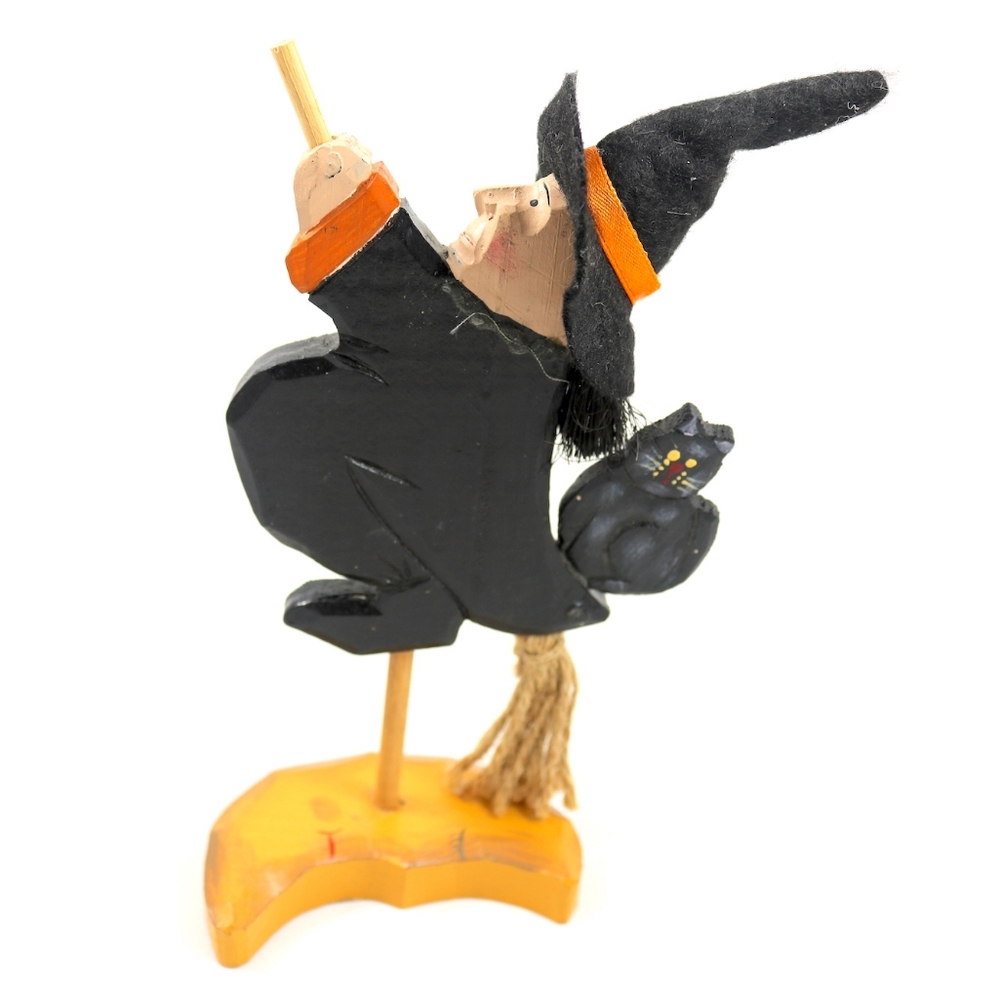 Vintage Wooden Witch Flying on Broom w/ Cat & Moon